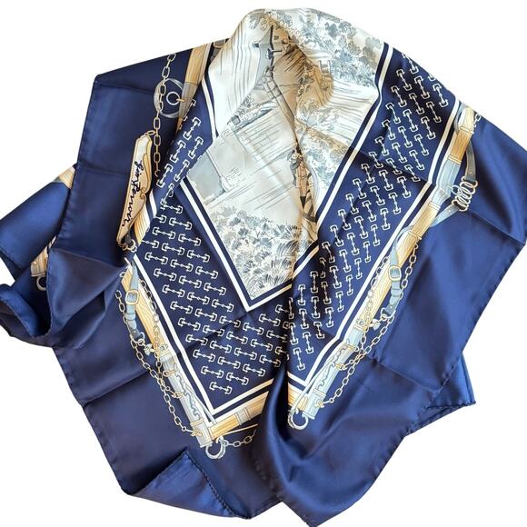 Gini Renoir silky scarf square navy blue gold buckles chain classic vintage - Picture 8 of 9